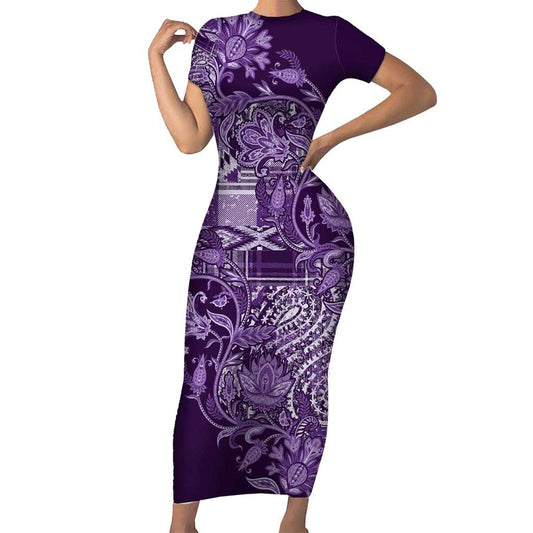 Africa Floral Mix Maasai Shuka Purple Moitf Short Sleeve Bodycon Dress