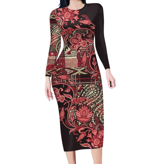 Africa Floral Mix Maasai Shuka Red Moitf Long Sleeve Bodycon Dress