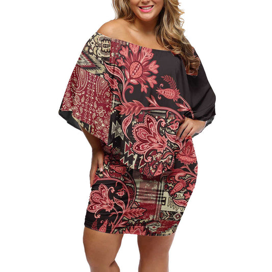 Africa Floral Mix Maasai Shuka Red Moitf Off Shoulder Short Dress