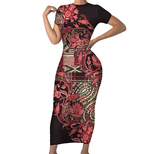 Africa Floral Mix Maasai Shuka Red Moitf Short Sleeve Bodycon Dress