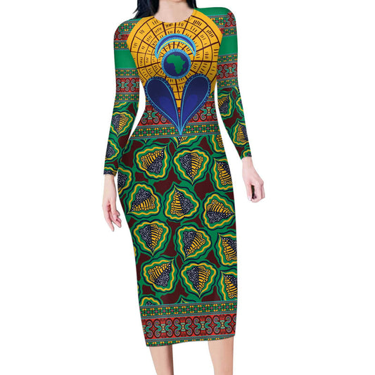 African Pattern Traditional Kanga Style Long Sleeve Bodycon Dress