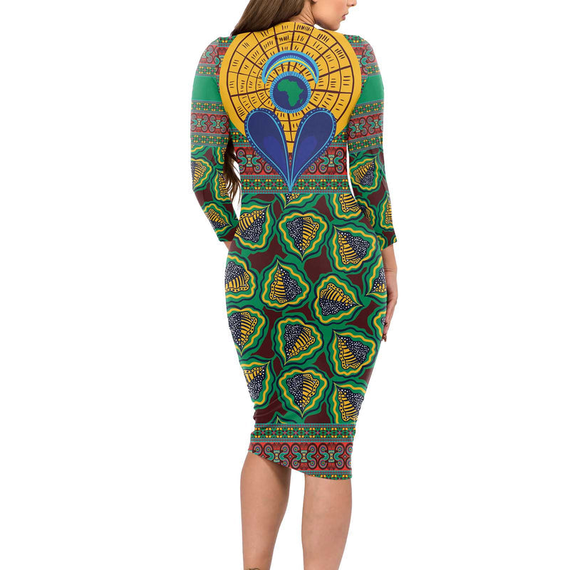 African Pattern Traditional Kanga Style Long Sleeve Bodycon Dress