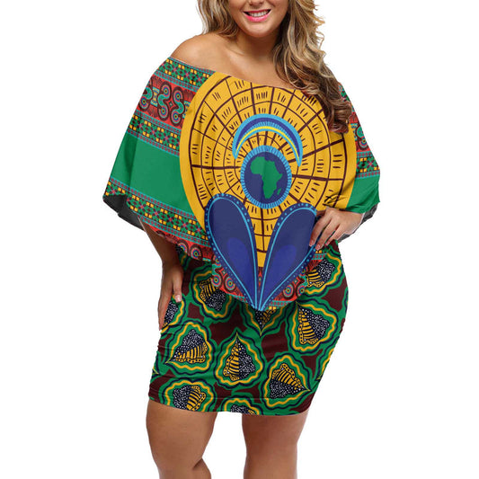 African Pattern Traditional Kanga Style Off Shoulder Short Dress