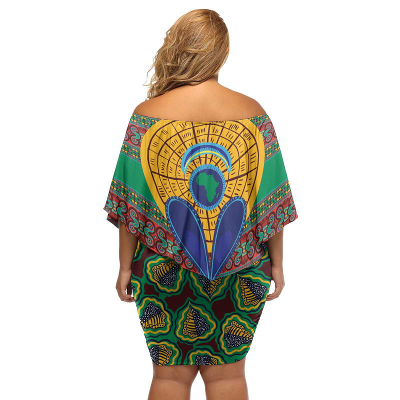 African Pattern Traditional Kanga Style Off Shoulder Short Dress