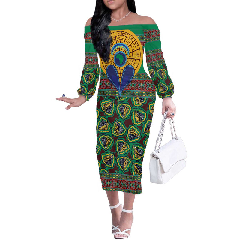 African Pattern Traditional Kanga Style Off The Shoulder Long Sleeve Dress