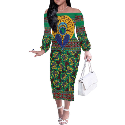 African Pattern Traditional Kanga Style Off The Shoulder Long Sleeve Dress
