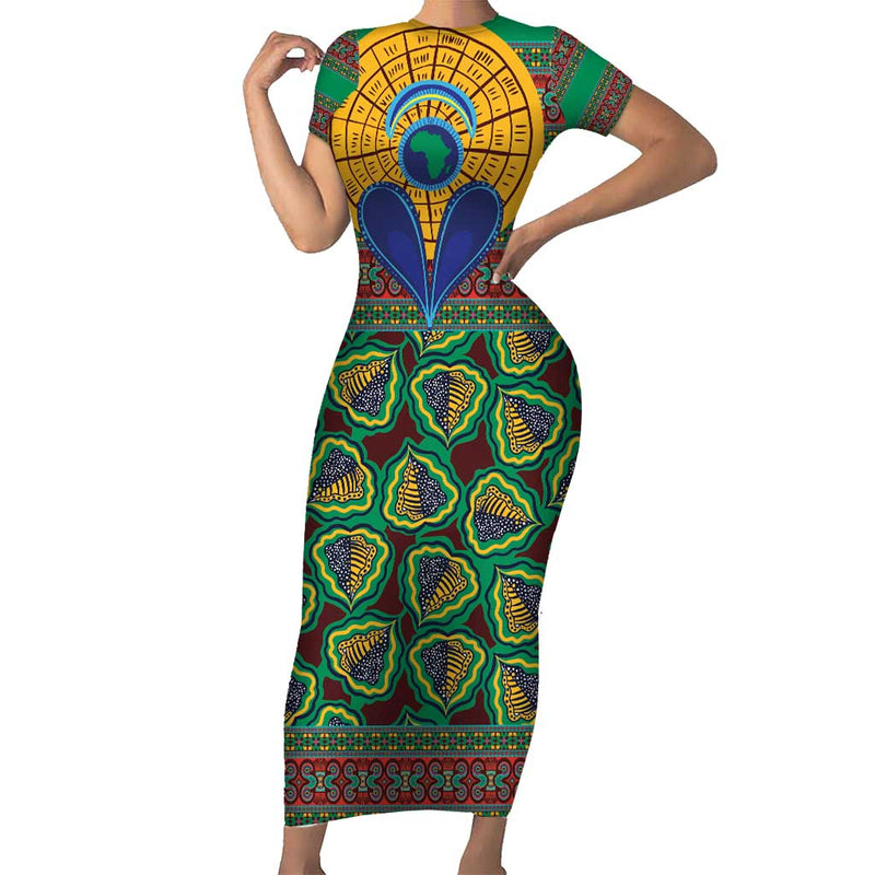 African Pattern Traditional Kanga Style Short Sleeve Bodycon Dress