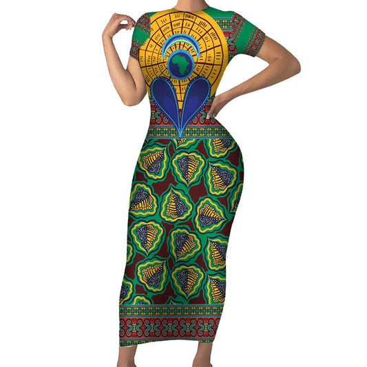African Pattern Traditional Kanga Style Short Sleeve Bodycon Dress