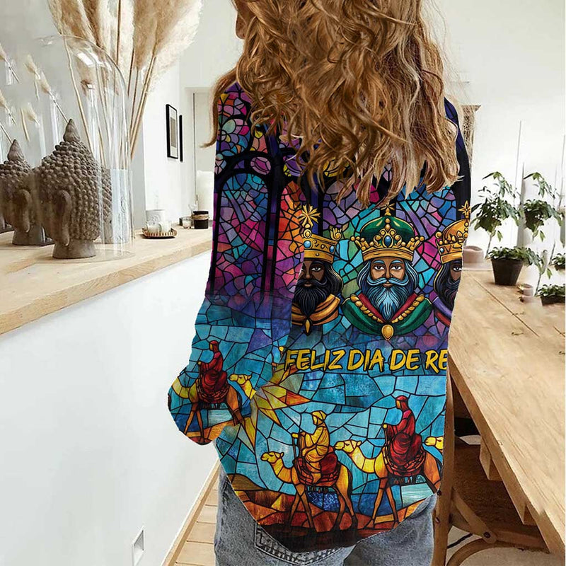 Epiphany Three Kings Day Stained Glass Window Style Women Casual Shirt