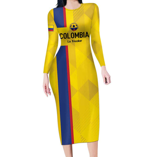 Custom Colombia Football 2024 Vamos La Tricolor - Yellow Long Sleeve Bodycon Dress