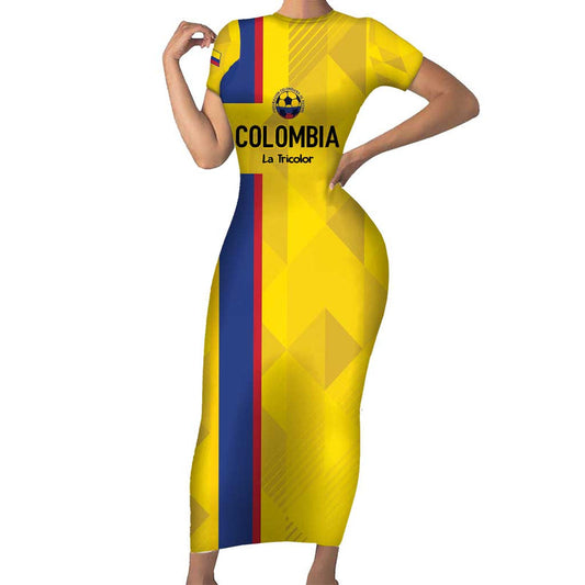 Custom Colombia Football 2024 Vamos La Tricolor - Yellow Short Sleeve Bodycon Dress