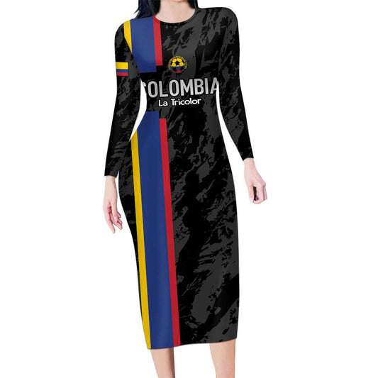 Custom Colombia Football 2024 Vamos La Tricolor - Black Long Sleeve Bodycon Dress