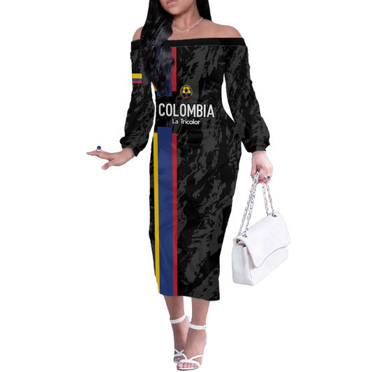 Custom Colombia Football 2024 Vamos La Tricolor - Black Off The Shoulder Long Sleeve Dress