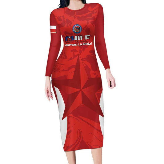 Custom Chile Football 2024 Vamos La Roja - Red Long Sleeve Bodycon Dress