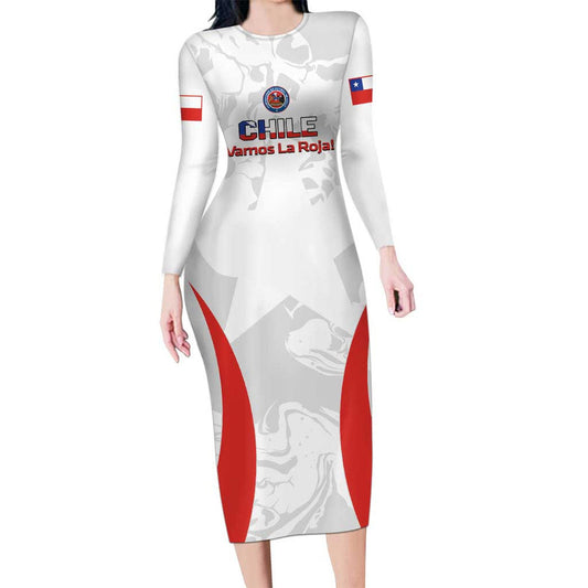 Custom Chile Football 2024 Vamos La Roja - White Long Sleeve Bodycon Dress