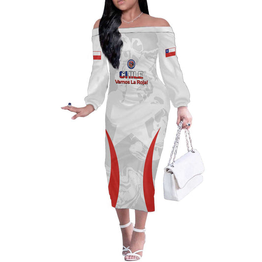 Custom Chile Football 2024 Vamos La Roja - White Off The Shoulder Long Sleeve Dress