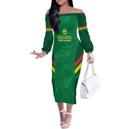 Custom Bolivia Football 2024 Vamos La Verde - Green Off The Shoulder Long Sleeve Dress