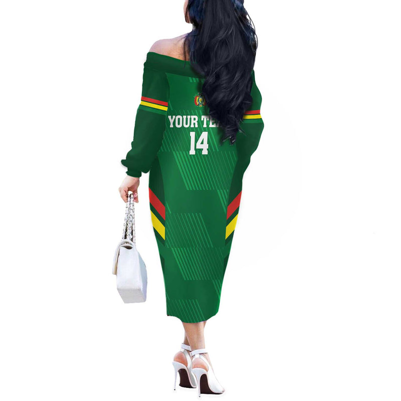 Custom Bolivia Football 2024 Vamos La Verde - Green Off The Shoulder Long Sleeve Dress