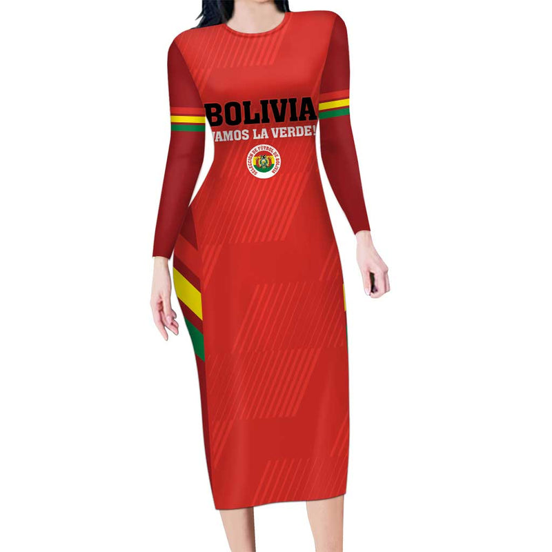 Custom Bolivia Football 2024 Vamos La Verde - Red Long Sleeve Bodycon Dress