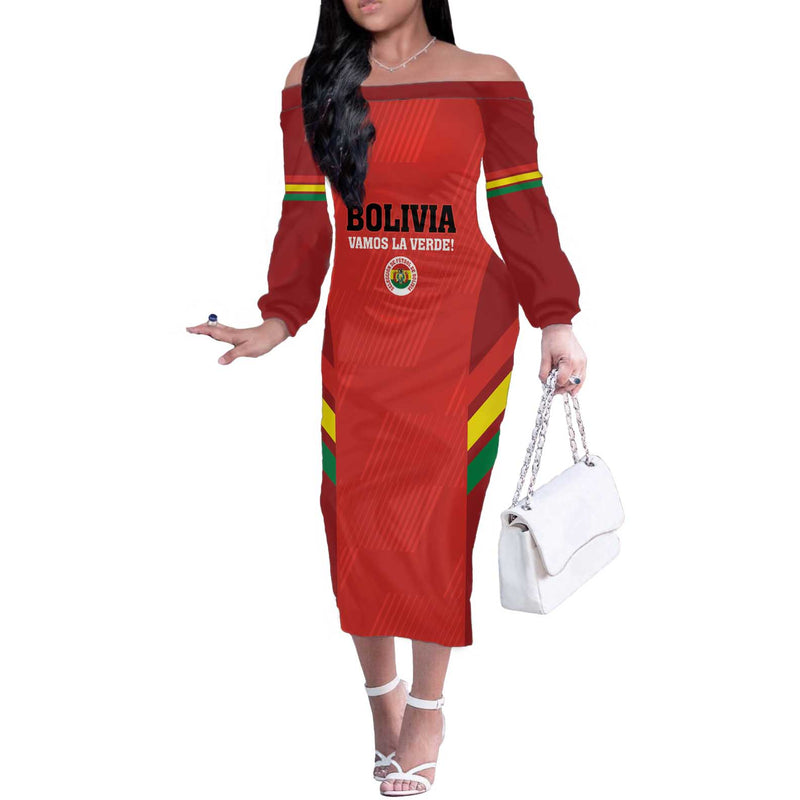 Custom Bolivia Football 2024 Vamos La Verde - Red Off The Shoulder Long Sleeve Dress