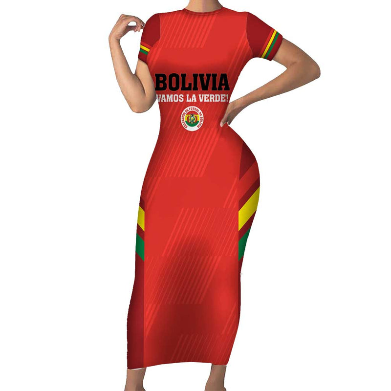 Custom Bolivia Football 2024 Vamos La Verde - Red Short Sleeve Bodycon Dress