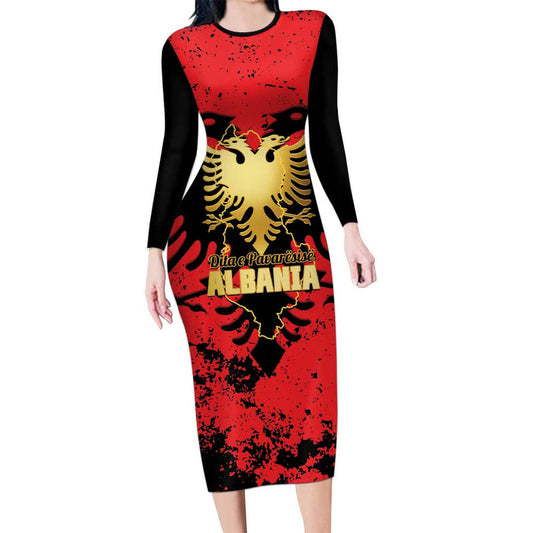 Albania Independence Day Dita E Pavaresise Map Grunge Style Long Sleeve Bodycon Dress