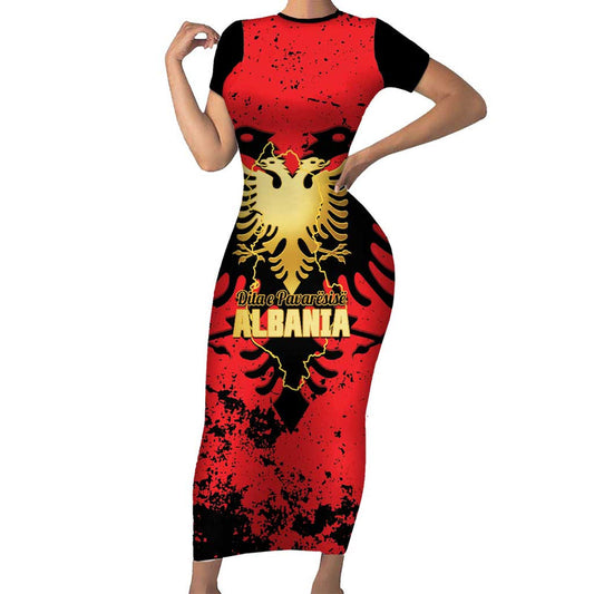 Albania Independence Day Dita E Pavaresise Map Grunge Style Short Sleeve Bodycon Dress