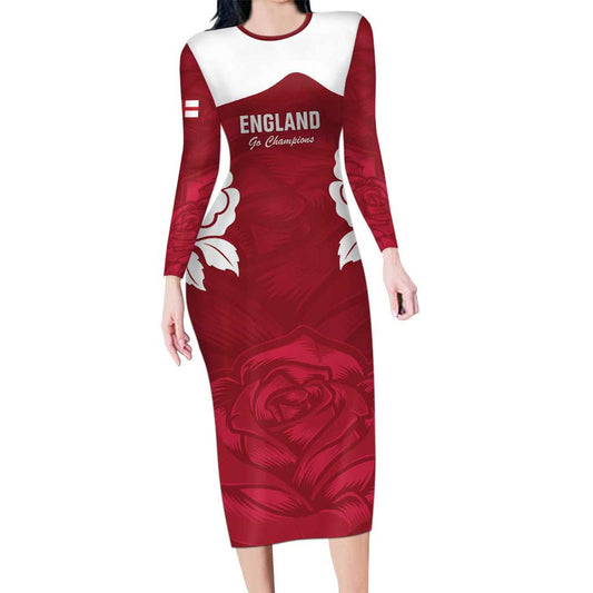 Custom England Rugby 2025 Go Champions Red Rose Long Sleeve Bodycon Dress