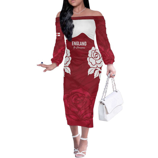 Custom England Rugby 2025 Go Champions Red Rose Off The Shoulder Long Sleeve Dress