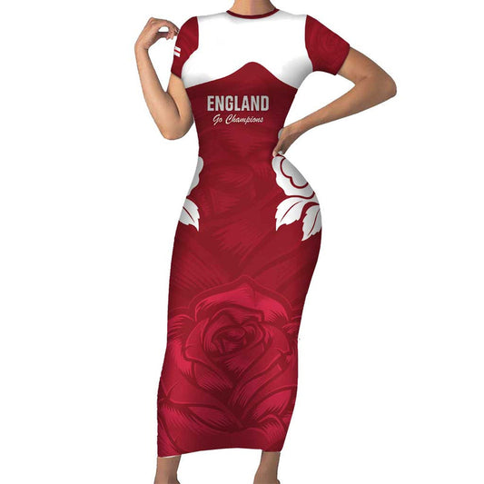 Custom England Rugby 2025 Go Champions Red Rose Short Sleeve Bodycon Dress