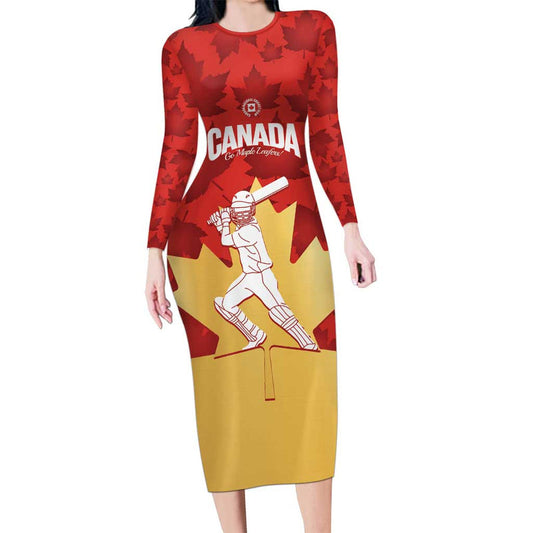 Custom Canada Cricket Come On Maple Leaf Long Sleeve Bodycon Dress