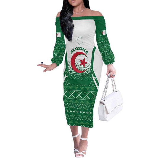 Algeria Coat Of Arms African Pattern Off The Shoulder Long Sleeve Dress