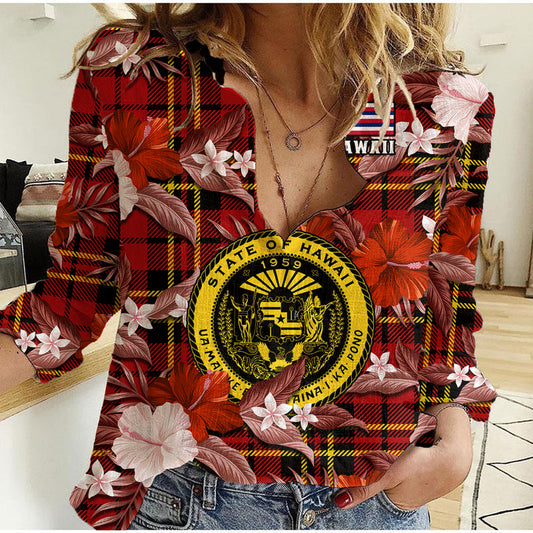 (Custom Personalised) Hawaii State Tropical Flowers Mix Tartan Red Version Women Casual Shirt