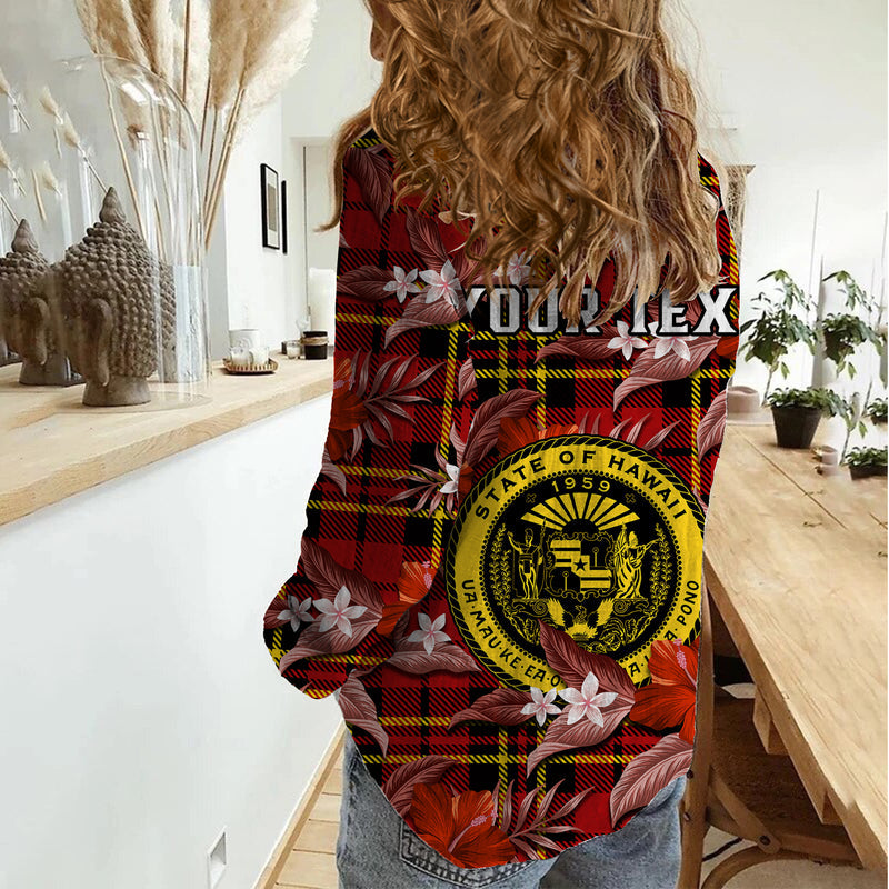 (Custom Personalised) Hawaii State Tropical Flowers Mix Tartan Red Version Women Casual Shirt