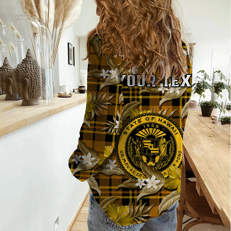 (Custom Personalised) Hawaii State Tropical Flowers Mix Tartan Gold Version Women Casual Shirt