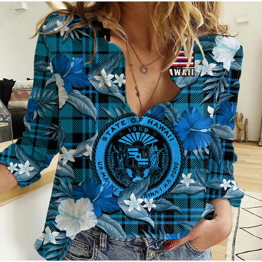 (Custom Personalised) Hawaii State Tropical Flowers Mix Tartan Blue Version Women Casual Shirt