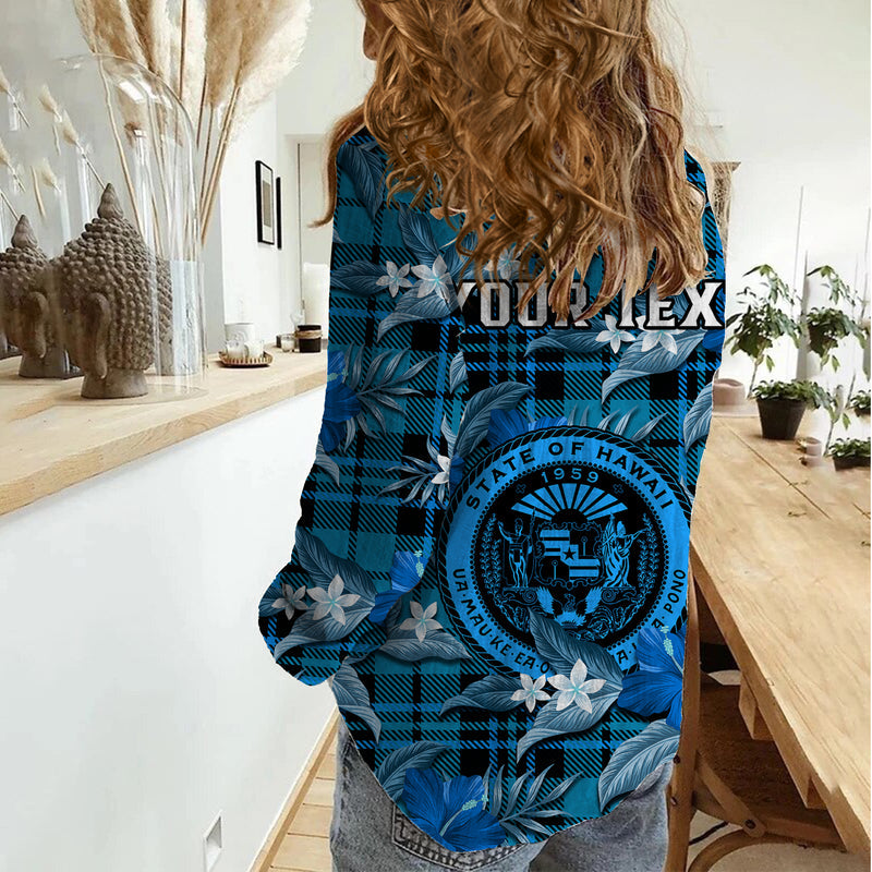 (Custom Personalised) Hawaii State Tropical Flowers Mix Tartan Blue Version Women Casual Shirt