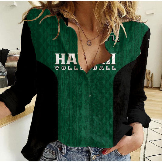 (Custom Text And Number) Hawaii Volleyball Hawaiian Kakau Green Style Women Casual Shirt