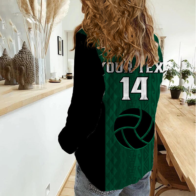 (Custom Text And Number) Hawaii Volleyball Hawaiian Kakau Green Style Women Casual Shirt