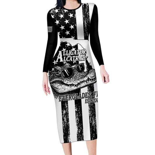 Alligator Alcatraz Cool Gator Everglades Usa Grunge Flag Long Sleeve Bodycon Dress