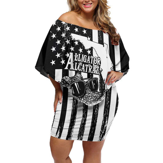 Alligator Alcatraz Cool Gator Everglades Usa Grunge Flag Off Shoulder Short Dress