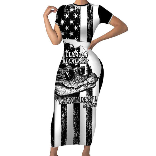 Alligator Alcatraz Cool Gator Everglades Usa Grunge Flag Short Sleeve Bodycon Dress