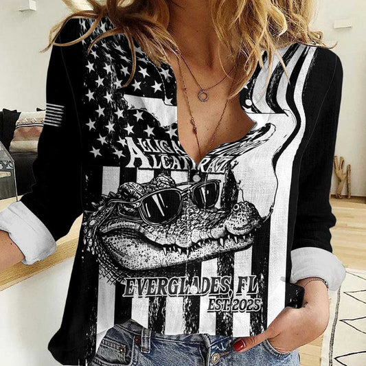 Alligator Alcatraz Cool Gator Everglades USA Grunge Flag Women Casual Shirt