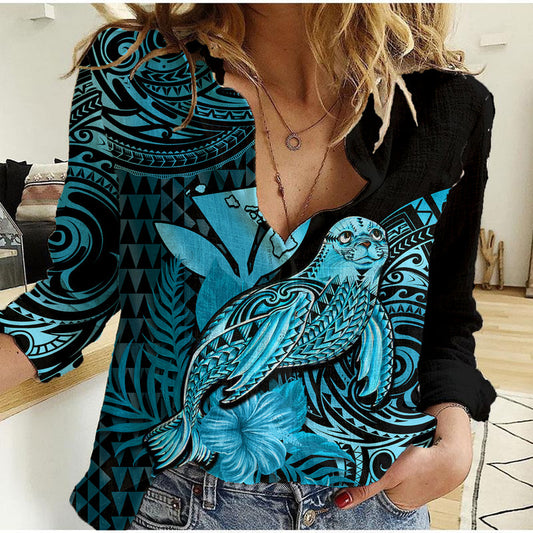 (Custom Personalised) Hawaii Monk Seal Polynesian Kakau With Kanaka Turquoise Women Casual Shirt