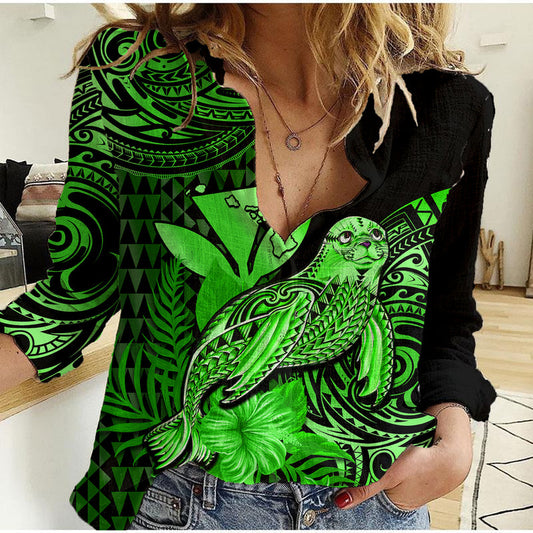 (Custom Personalised) Hawaii Monk Seal Polynesian Kakau With Kanaka Green Women Casual Shirt