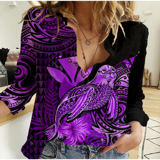 (Custom Personalised) Hawaii Monk Seal Polynesian Kakau With Kanaka Purple Women Casual Shirt