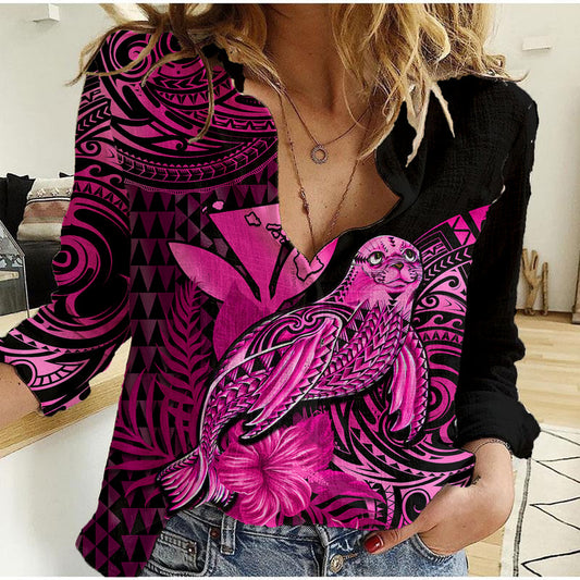(Custom Personalised) Hawaii Monk Seal Polynesian Kakau With Kanaka Pink Women Casual Shirt