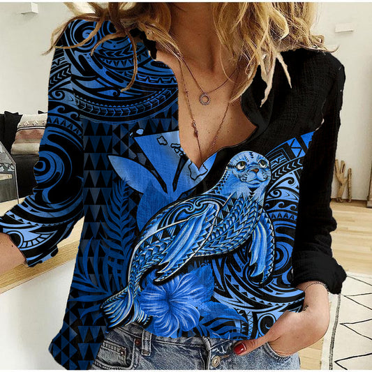 (Custom Personalised) Hawaii Monk Seal Polynesian Kakau With Kanaka Blue Women Casual Shirt