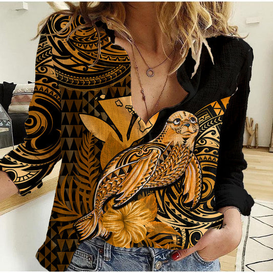 (Custom Personalised) Hawaii Monk Seal Polynesian Kakau With Kanaka Gold Women Casual Shirt
