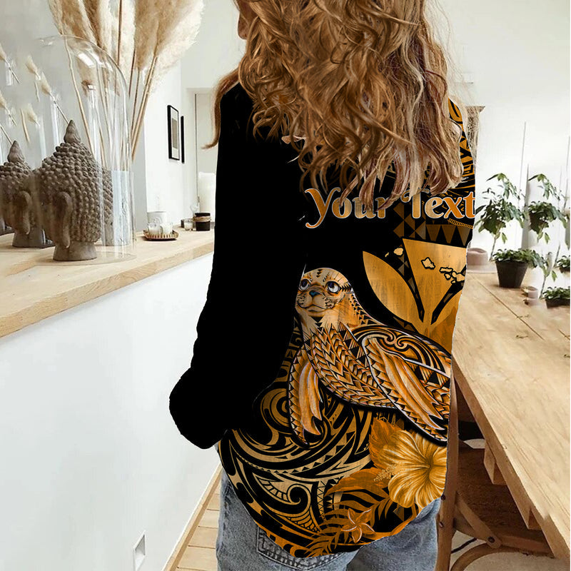 (Custom Personalised) Hawaii Monk Seal Polynesian Kakau With Kanaka Gold Women Casual Shirt